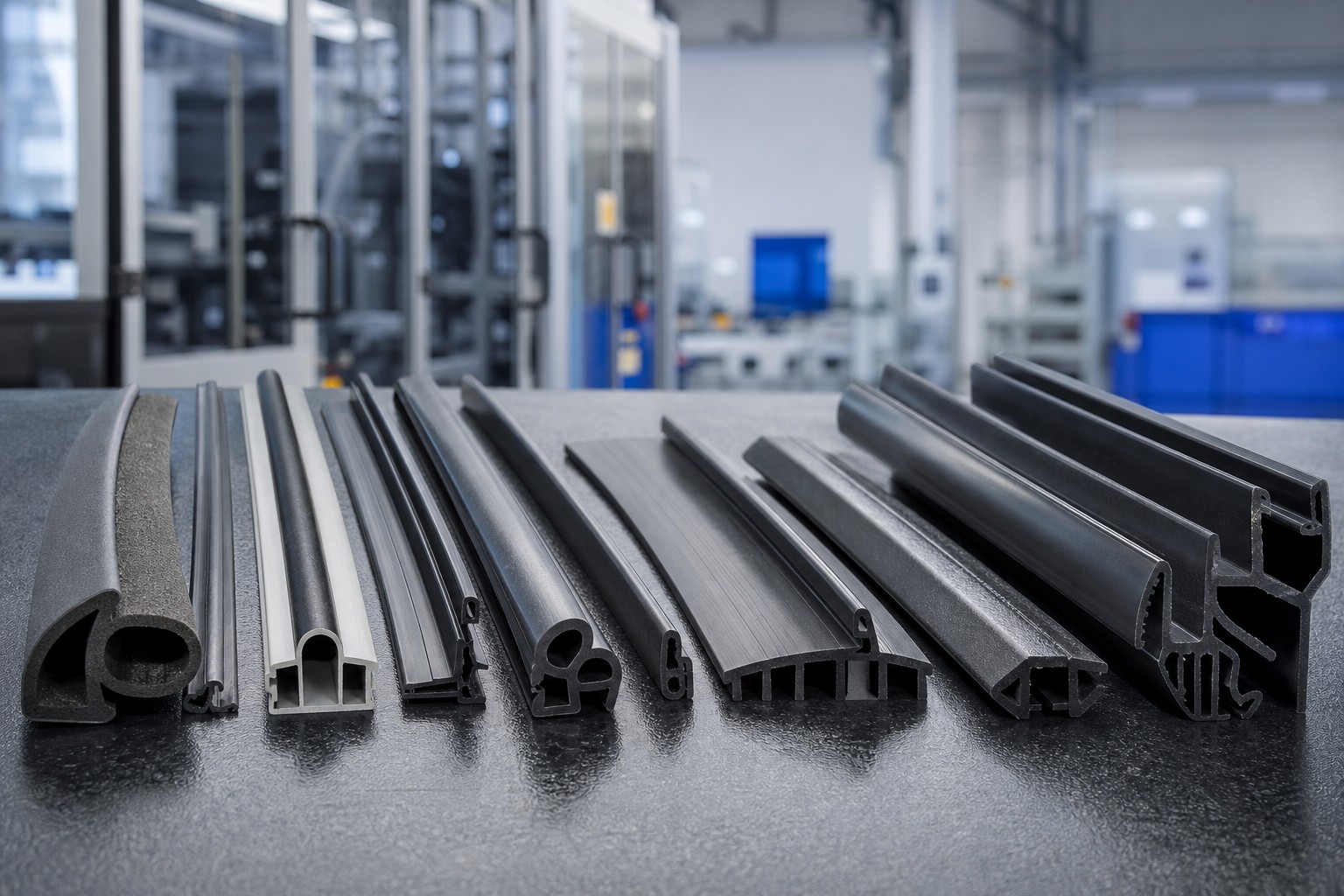 Industrial plastic extrusion profiles on a workbench in an automotive manufacturing facility