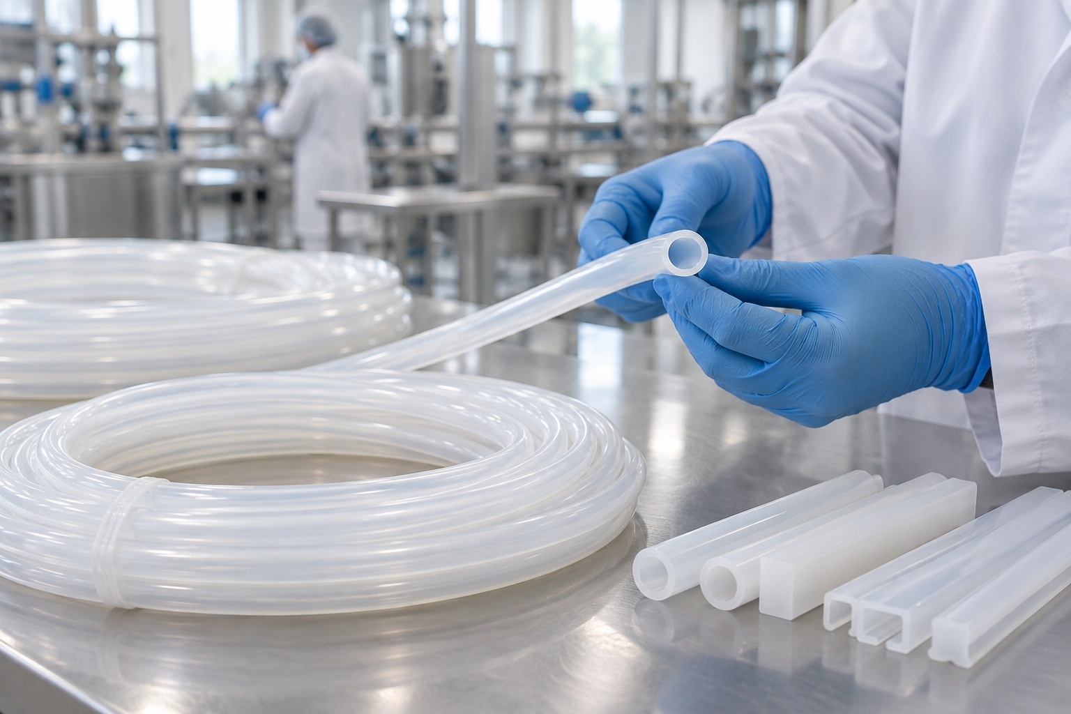 Food-grade plastic tubing being extruded on a clean production line