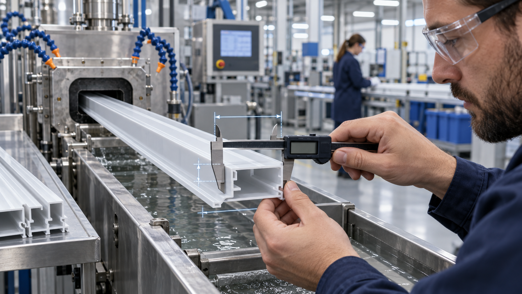 Engineer measuring a custom plastic extrusion profile with digital calipers
