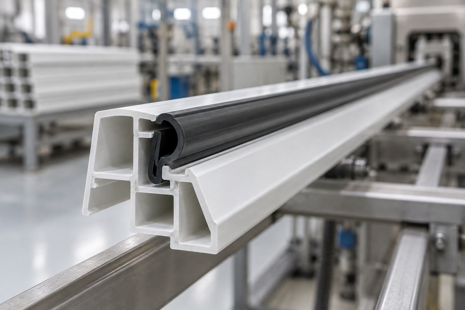 Co-extruded white rigid PVC profile with a black flexible seal on a production line